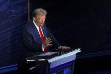 Former U.S. President Donald Trump, the Republican presidential candidate, gestures during the debate with Vice President Kamala Harris, the Democratic presidential candidate, at the National Constitution Center in Philadelphia Sept. 10. (OSV News/Reuters/Brian Snyder)